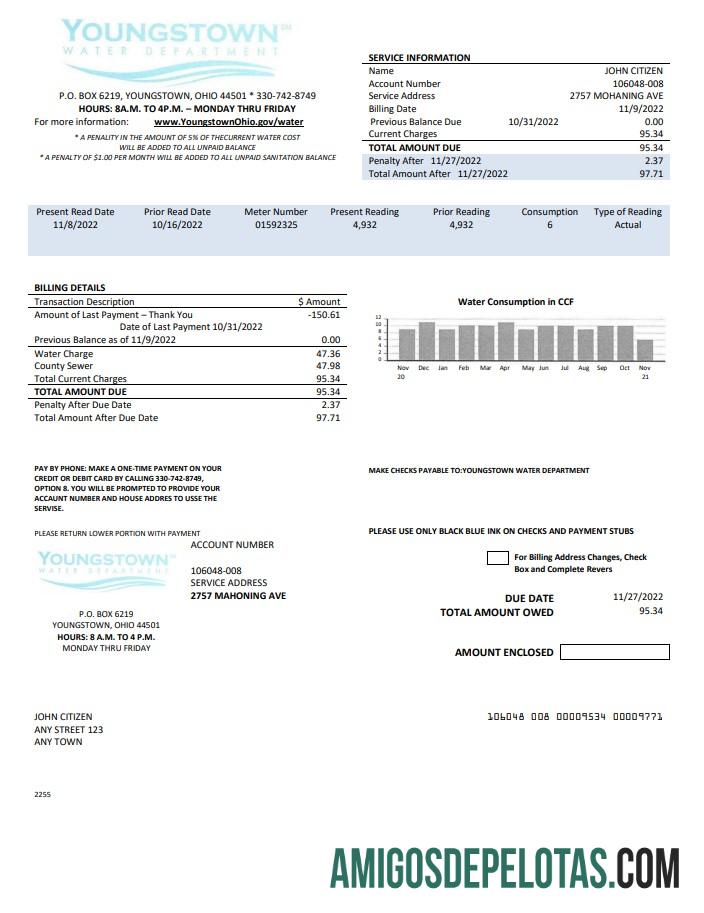 realista Modelo de conta de serviços públicos do Departamento de Água de Youngstown dos EUA em formato Word e PDF